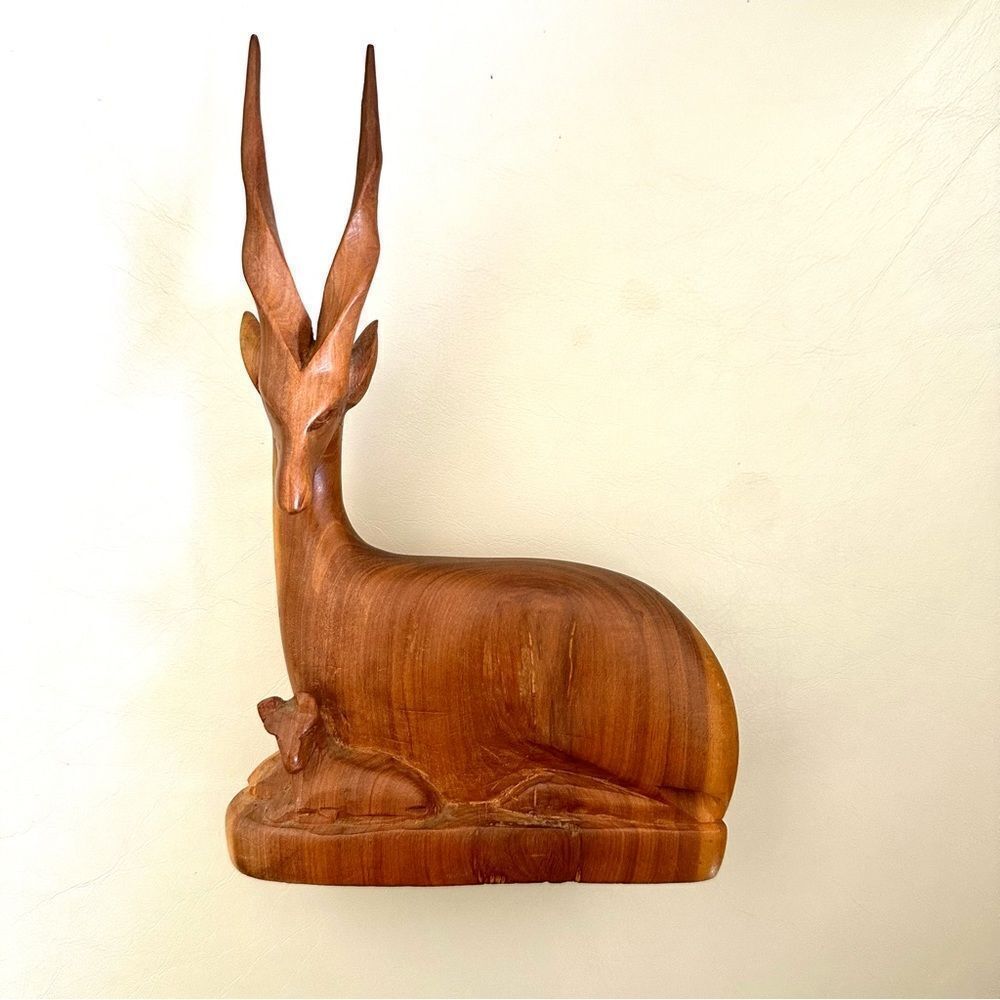 Hand carved wooden gazelle/antelope with calf